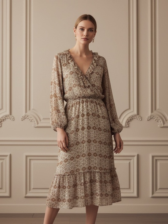 Hayden Los Angeles Dresses & Skirts - Hayden Los Angeles Printed Brown V-Neck Midi Dress with Elastic Waist